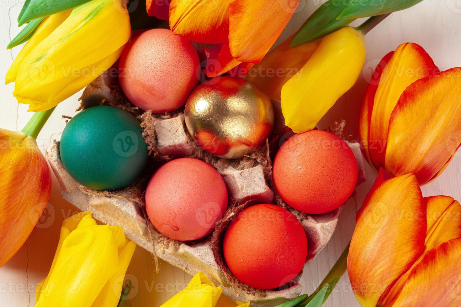 Painted Easter eggs in an eggbox with fresh tulips close up photo