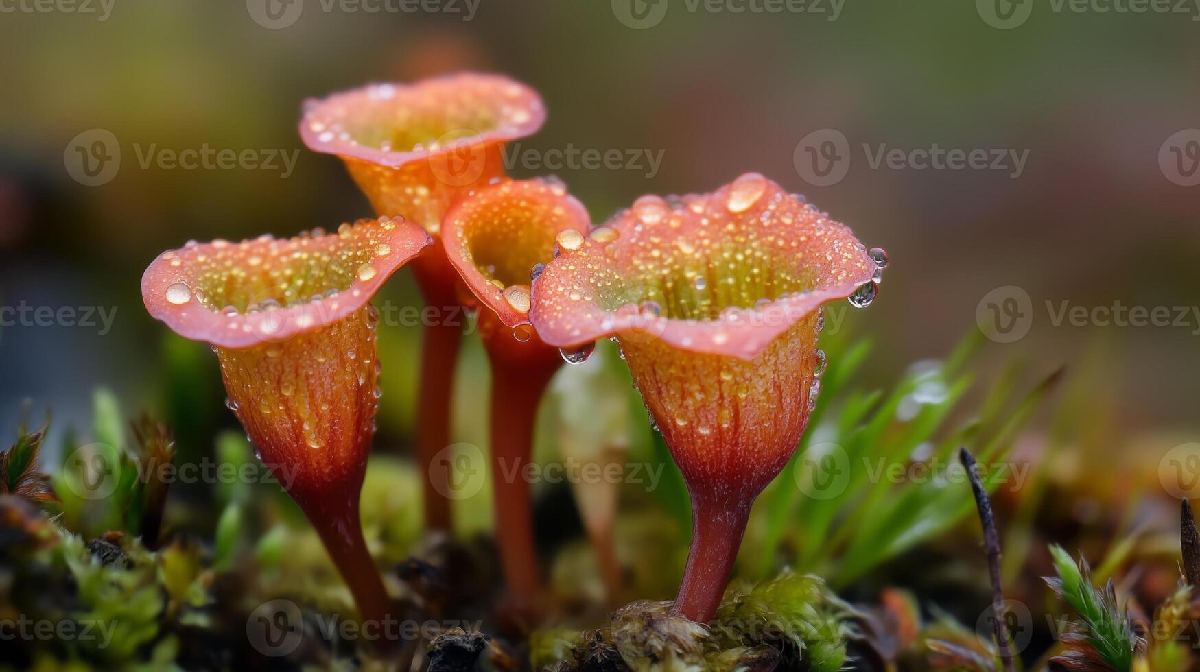 Delicate orange mushrooms with dew drops on a mossy forest floor in the early morning light photo
