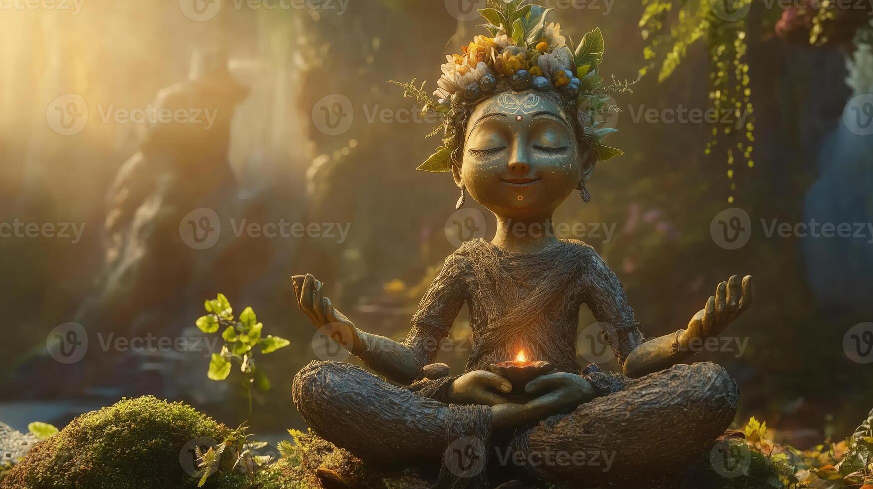 A serene figure made of natural elements practices meditation in a vibrant forest setting during a mystical sunrise photo