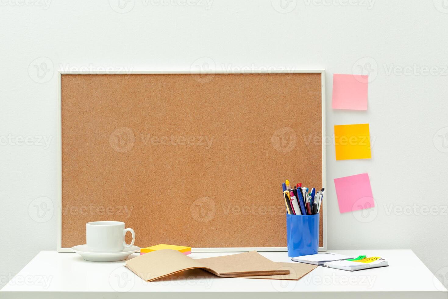 Office desk table with supplies photo