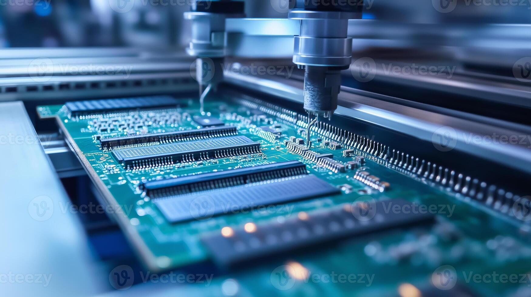 Precision machinery assembling components on a printed circuit board in a high-tech facility at night photo