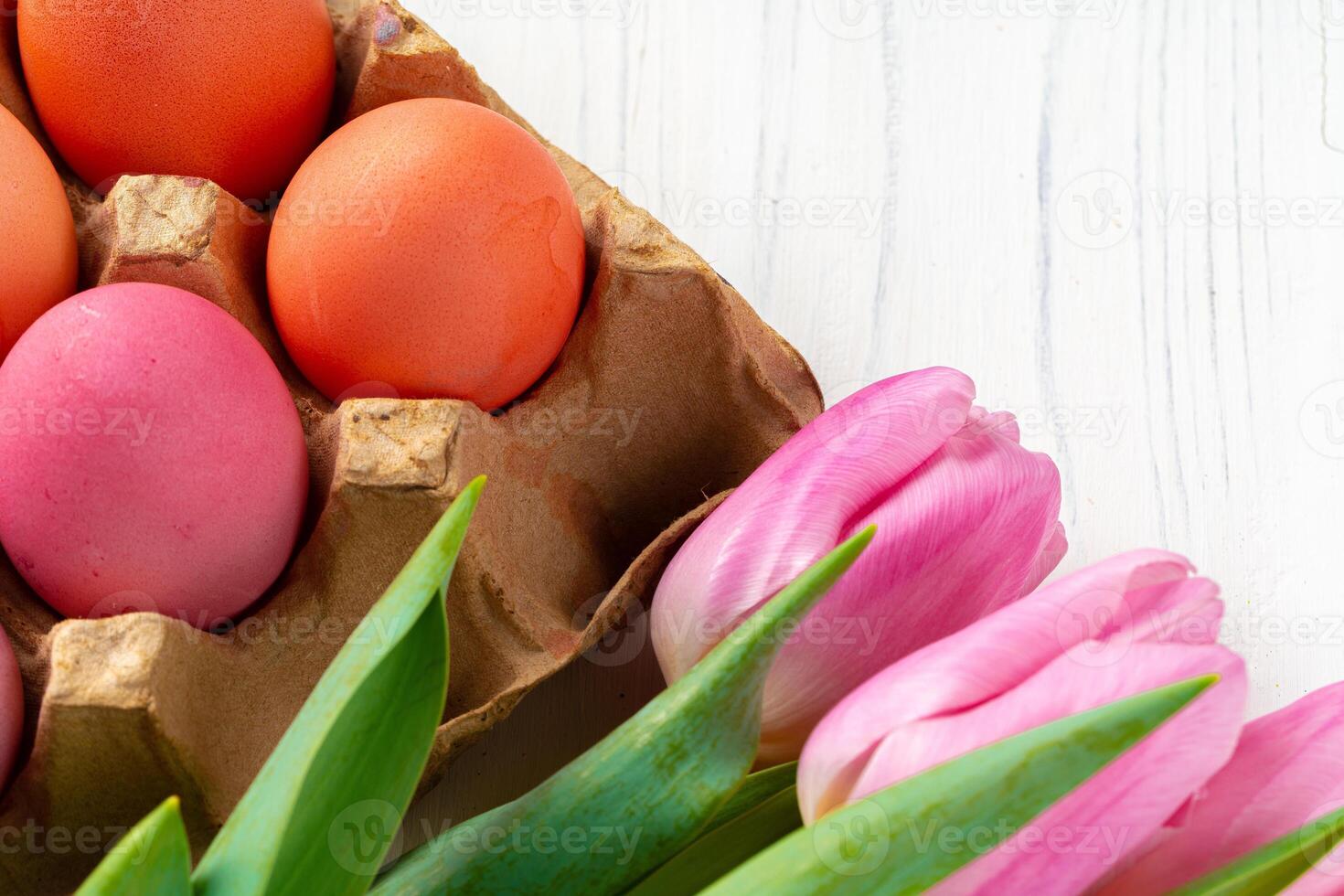 Painted Easter eggs in an eggbox with fresh tulips close up photo