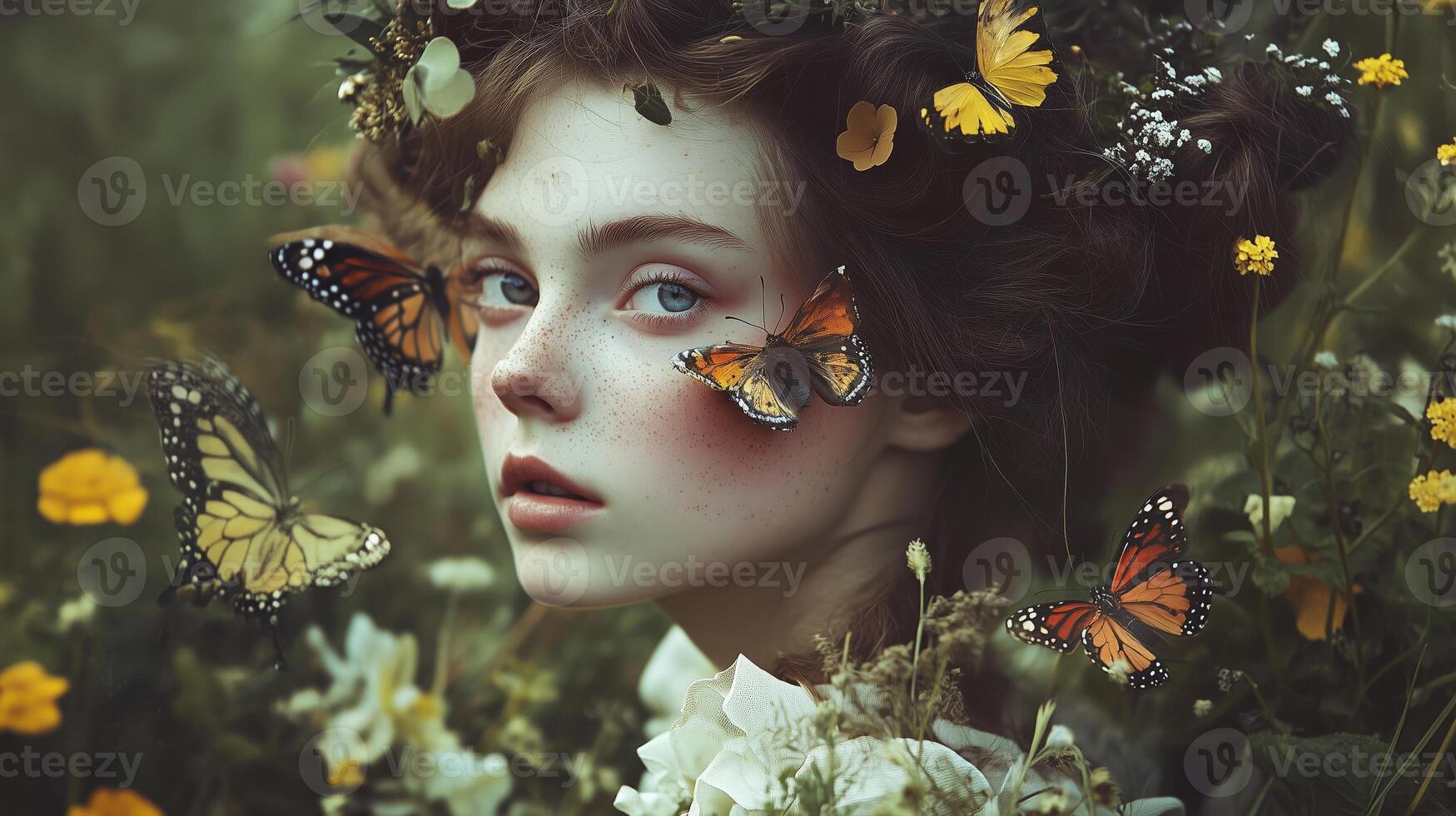 A young woman surrounded by colorful butterflies and wildflowers in a serene natural setting during the golden hour of the evening photo