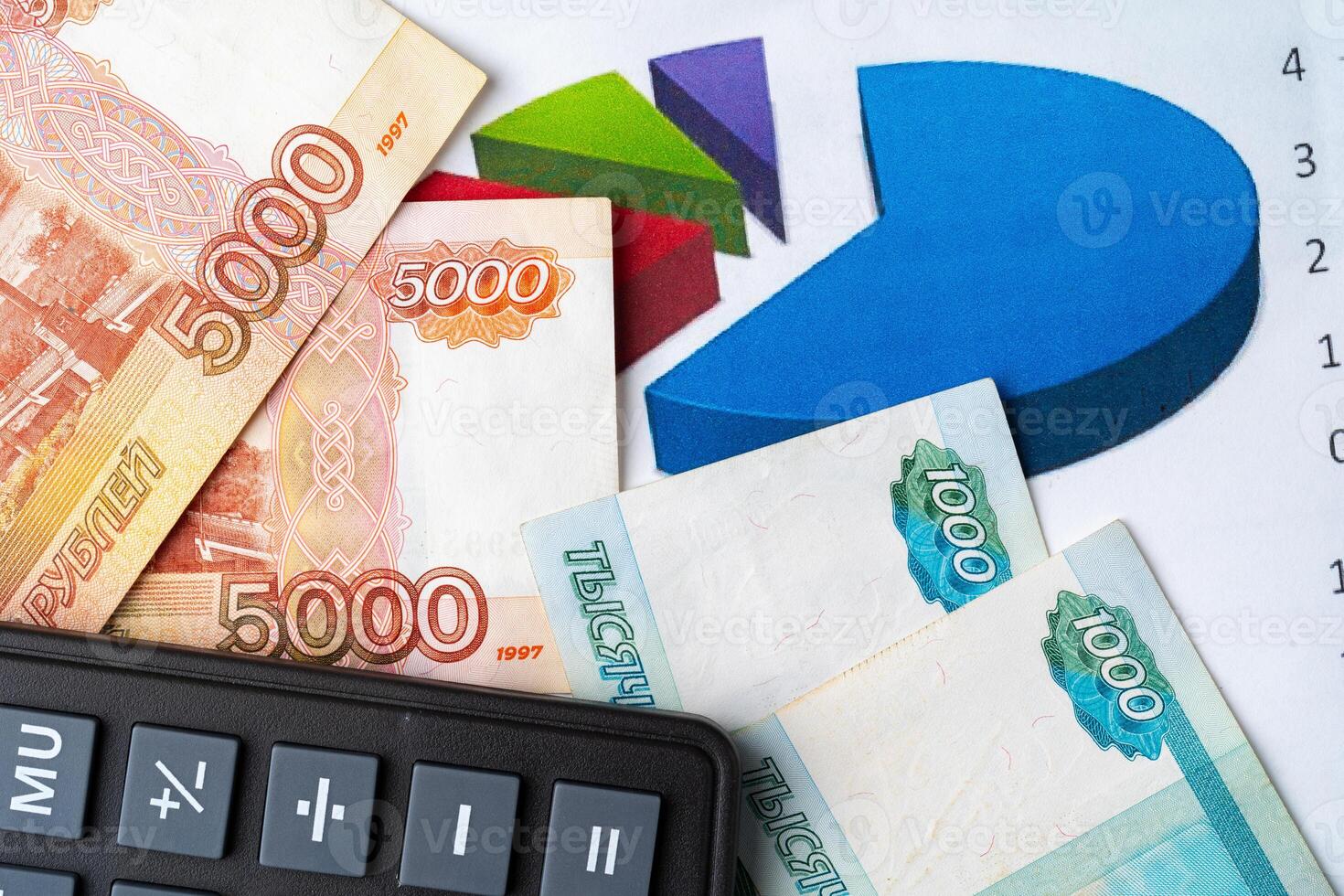 Financial chart with Russian rubles money stack with calculator. Currency appreciation concept photo