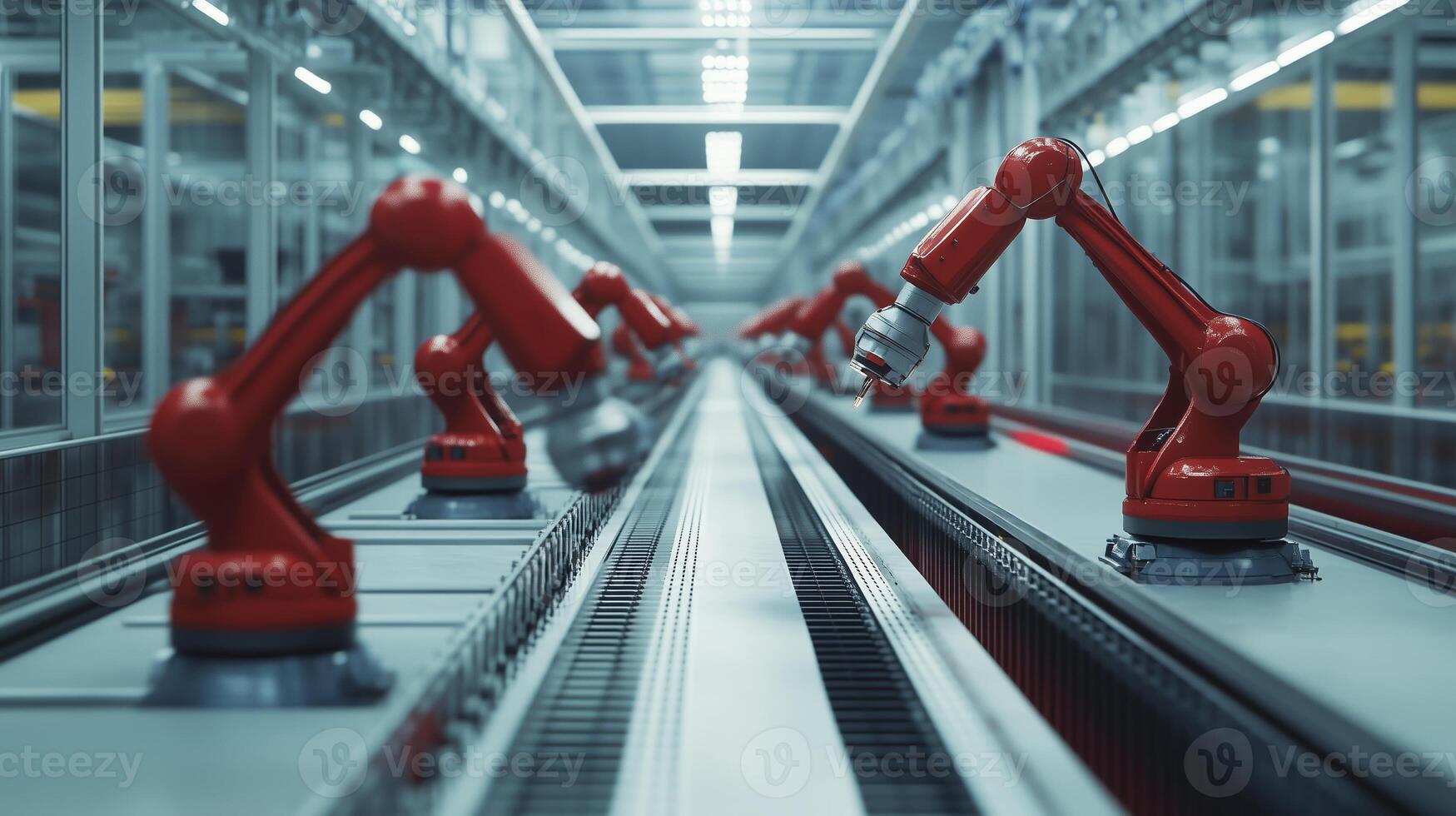 Modern automated assembly line featuring robotic arms in a high-tech manufacturing facility photo