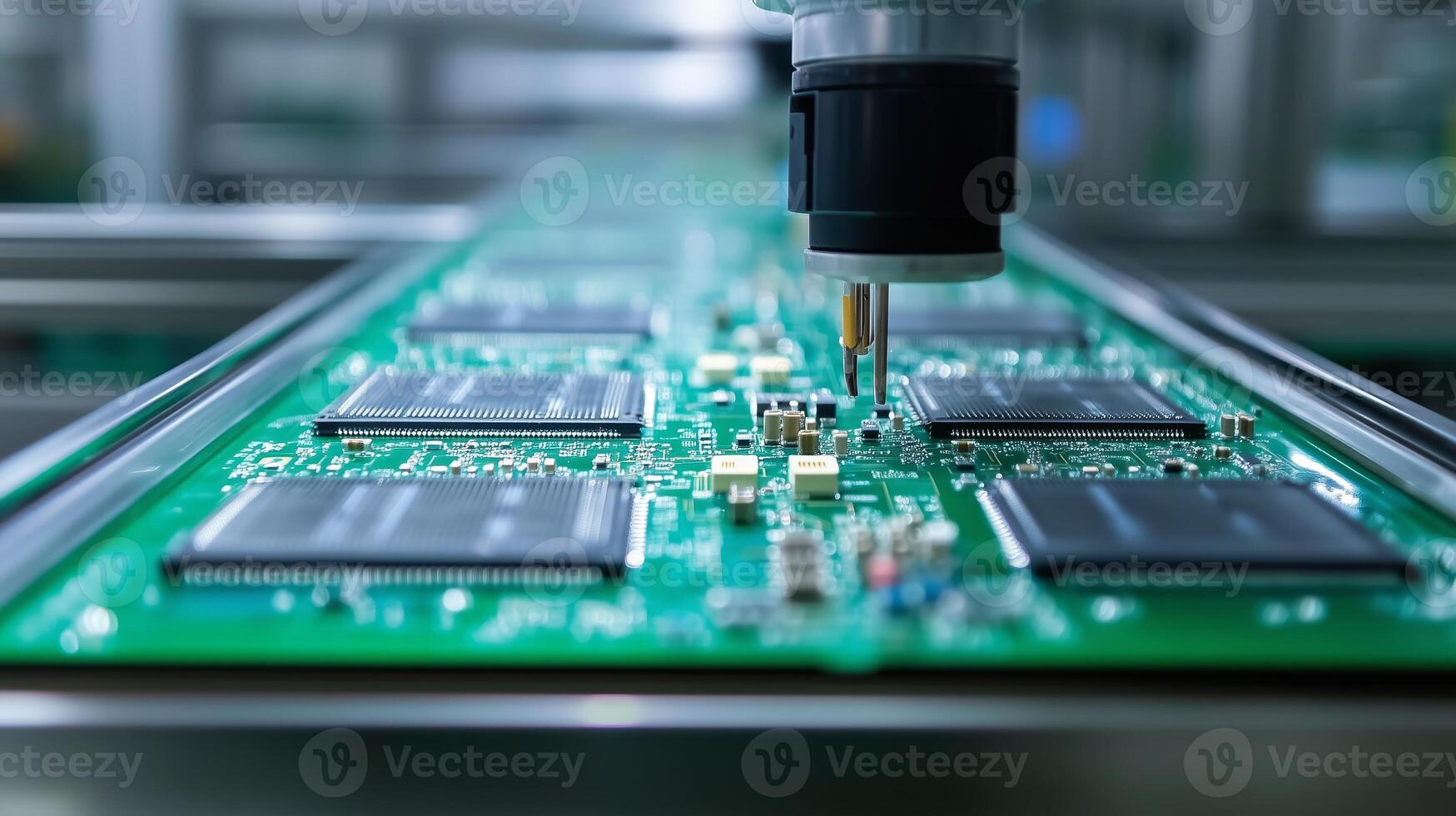 Automated robotic arm assembling microchips on a circuit board in a high-tech manufacturing facility during daytime production photo