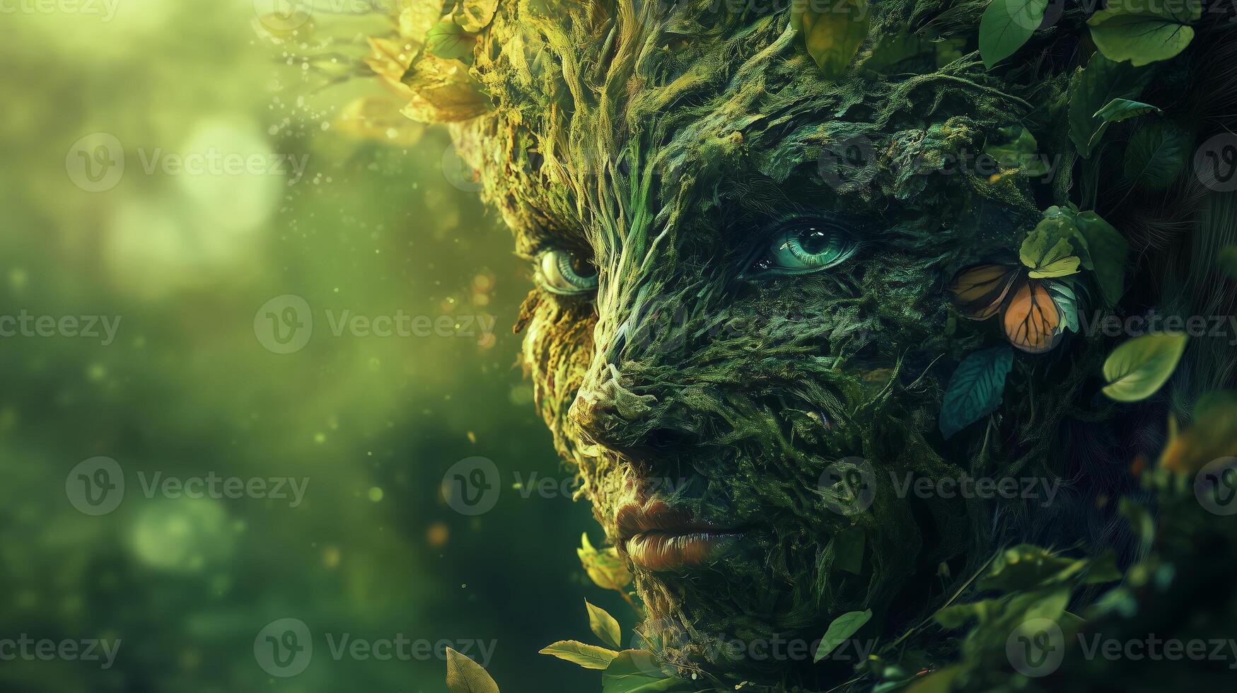 A mystical figure made of leaves and branches emerges from the enchanted forest on a sunny afternoon, representing nature's beauty and spirit photo