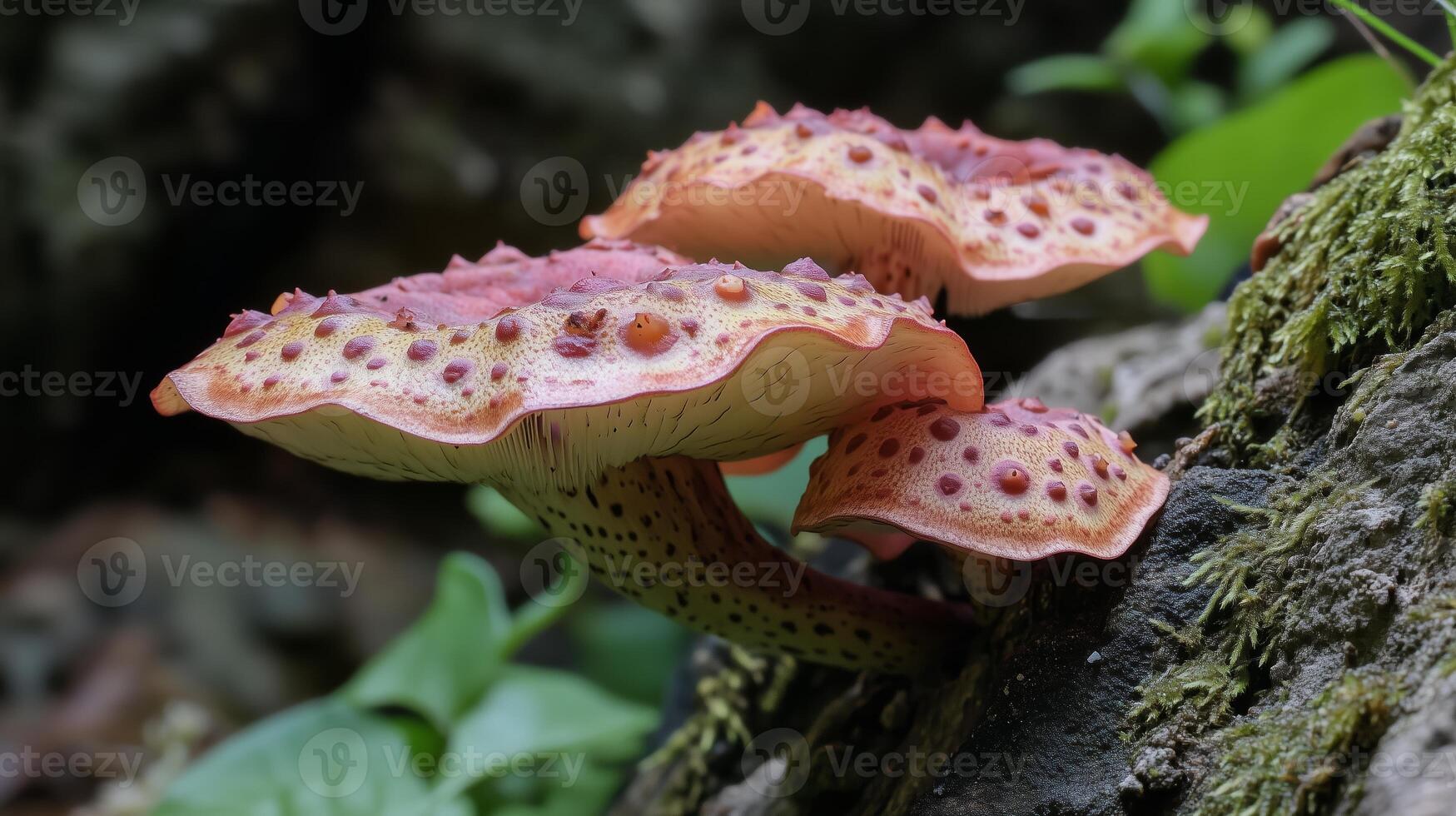 Colorful mushrooms grow on a log in a lush forest during a sunny afternoon, showcasing unique textures and vibrant hues photo