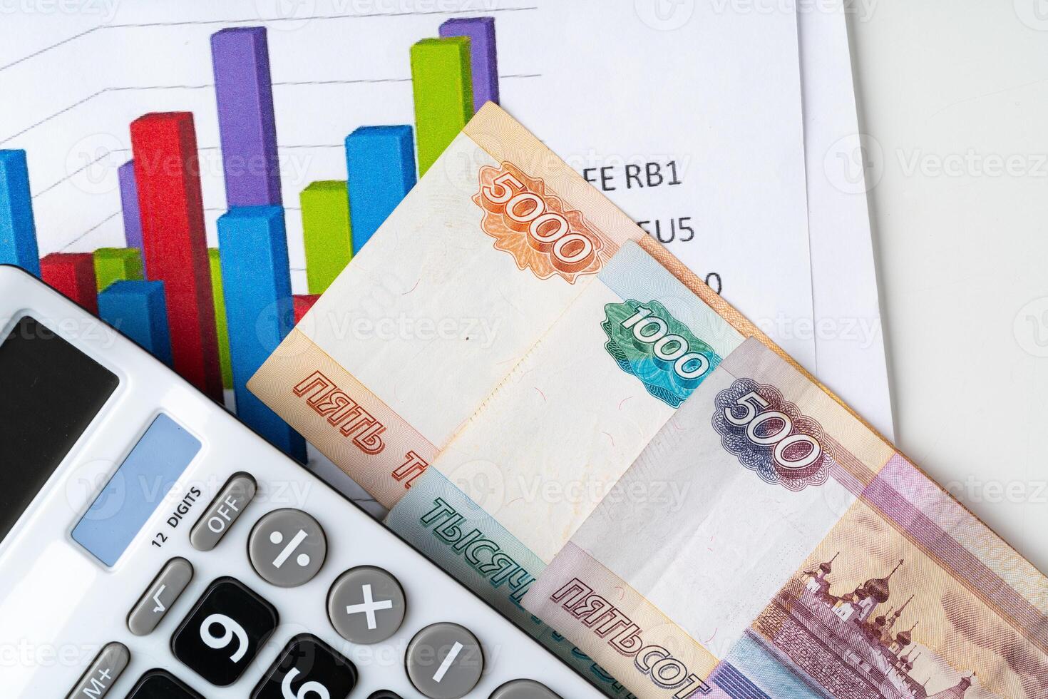Financial chart with Russian rubles money stack with calculator. Currency appreciation concept photo