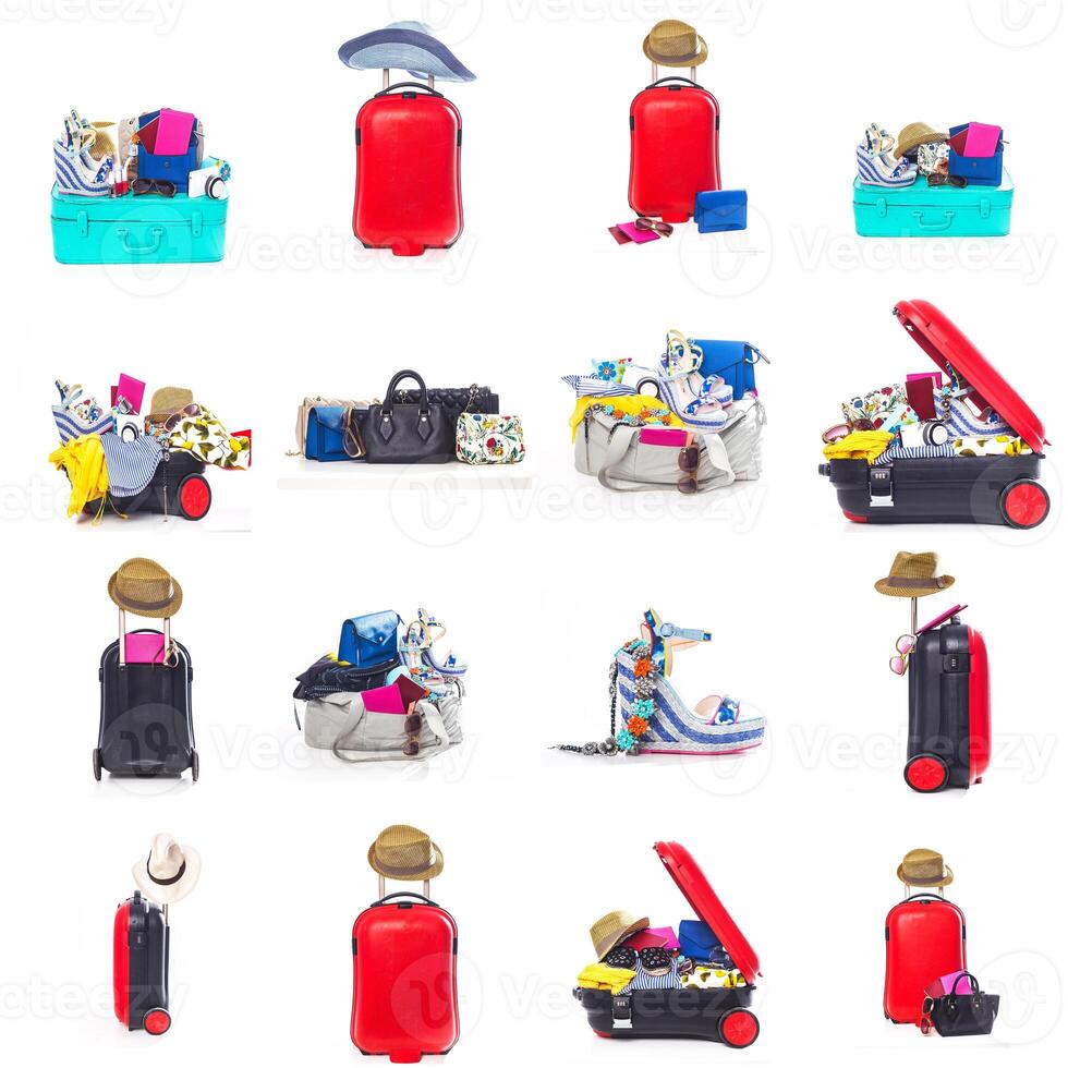 many suitcases on white photo