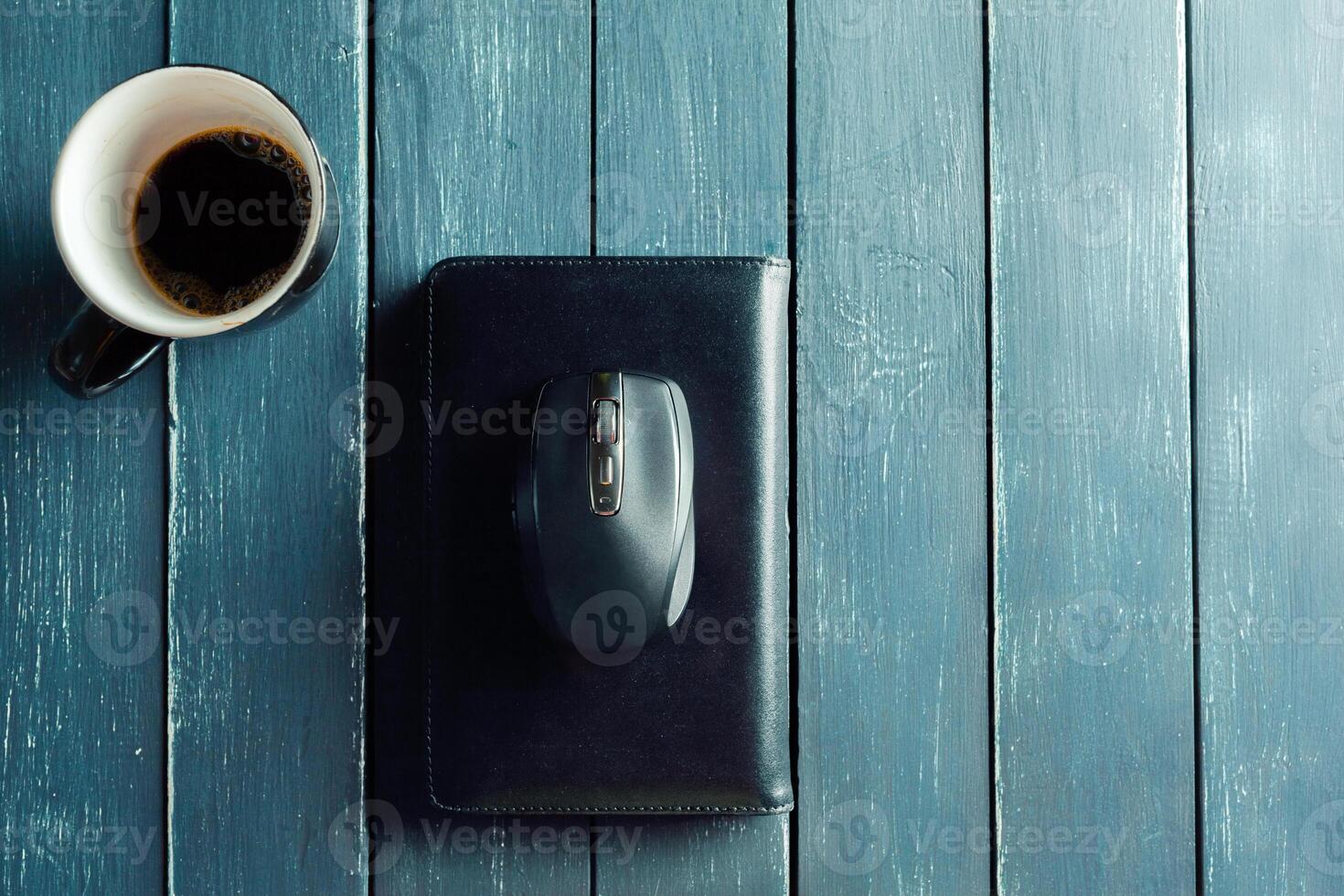 business stationery on dark wooden background photo