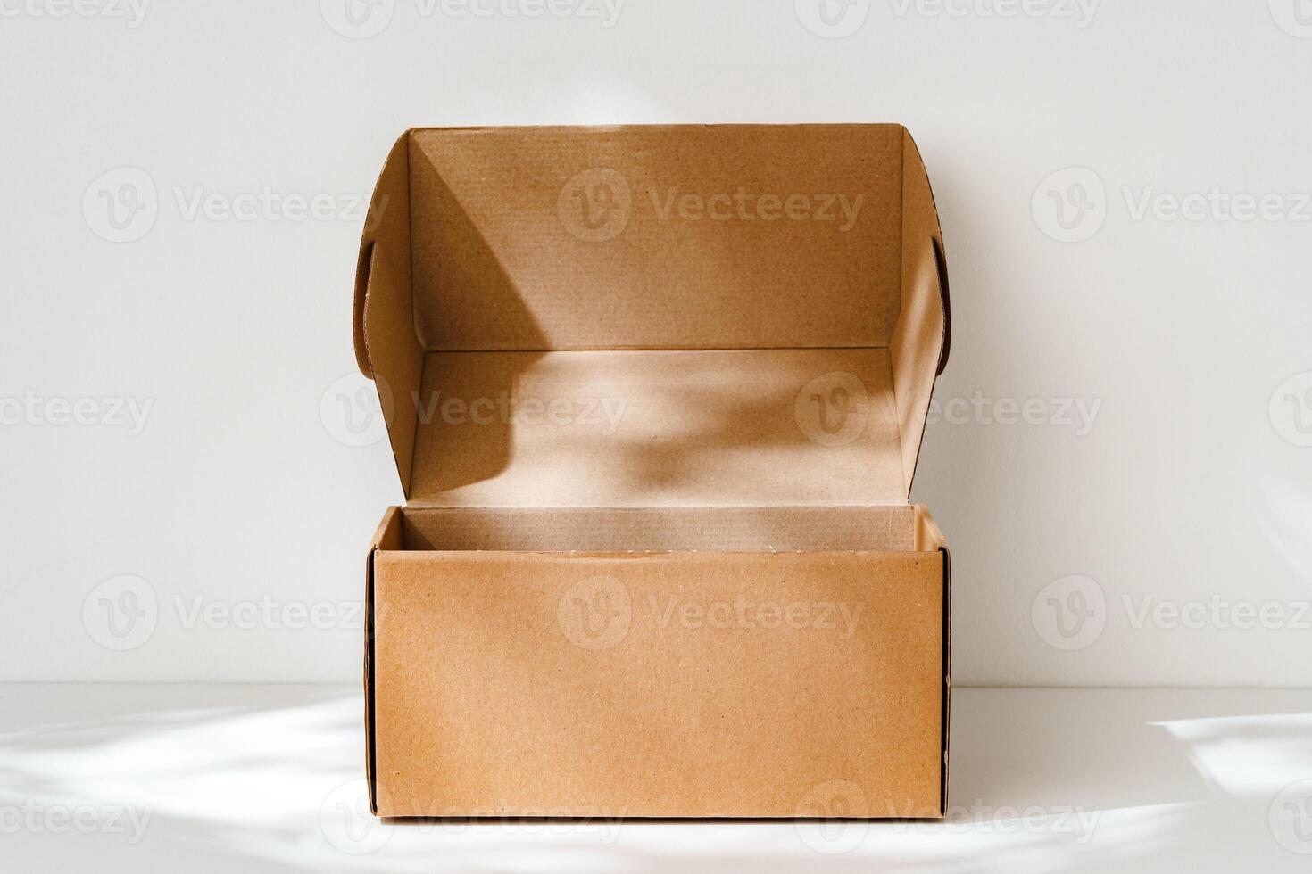 An open cardboard box rests on a bright white surface with soft shadows highlighting its edges and structure in natural light photo
