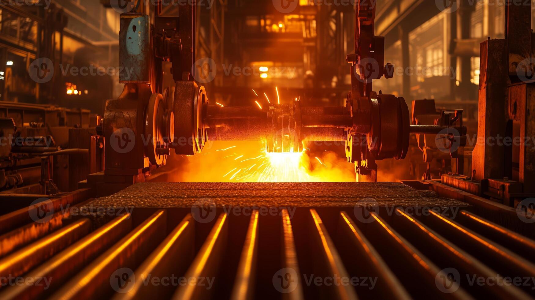 Bright sparks erupt from machinery in an industrial setting during evening hours in a manufacturing facility photo