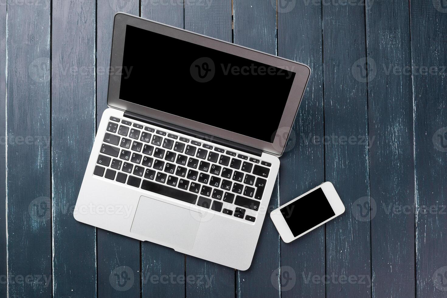 Working place, wooden table photo