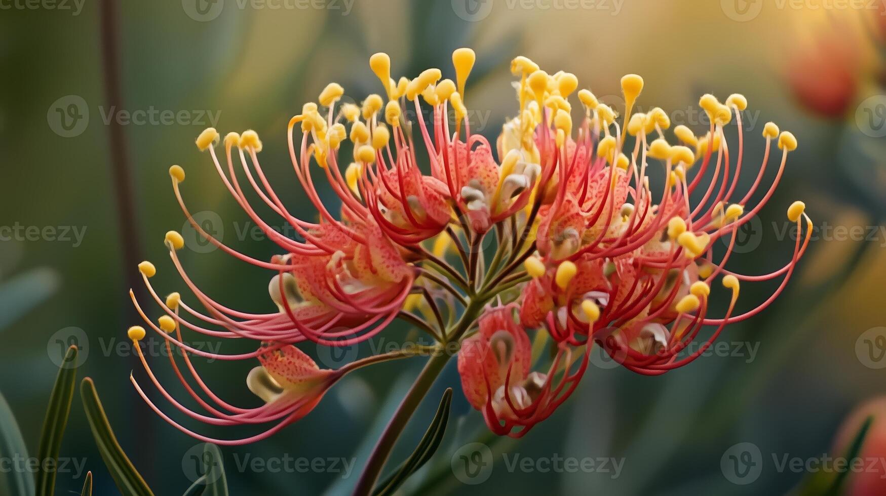 A striking grevillea flower blooms with vibrant red and yellow colors, showcasing intricate details during a sunny afternoon in a garden photo