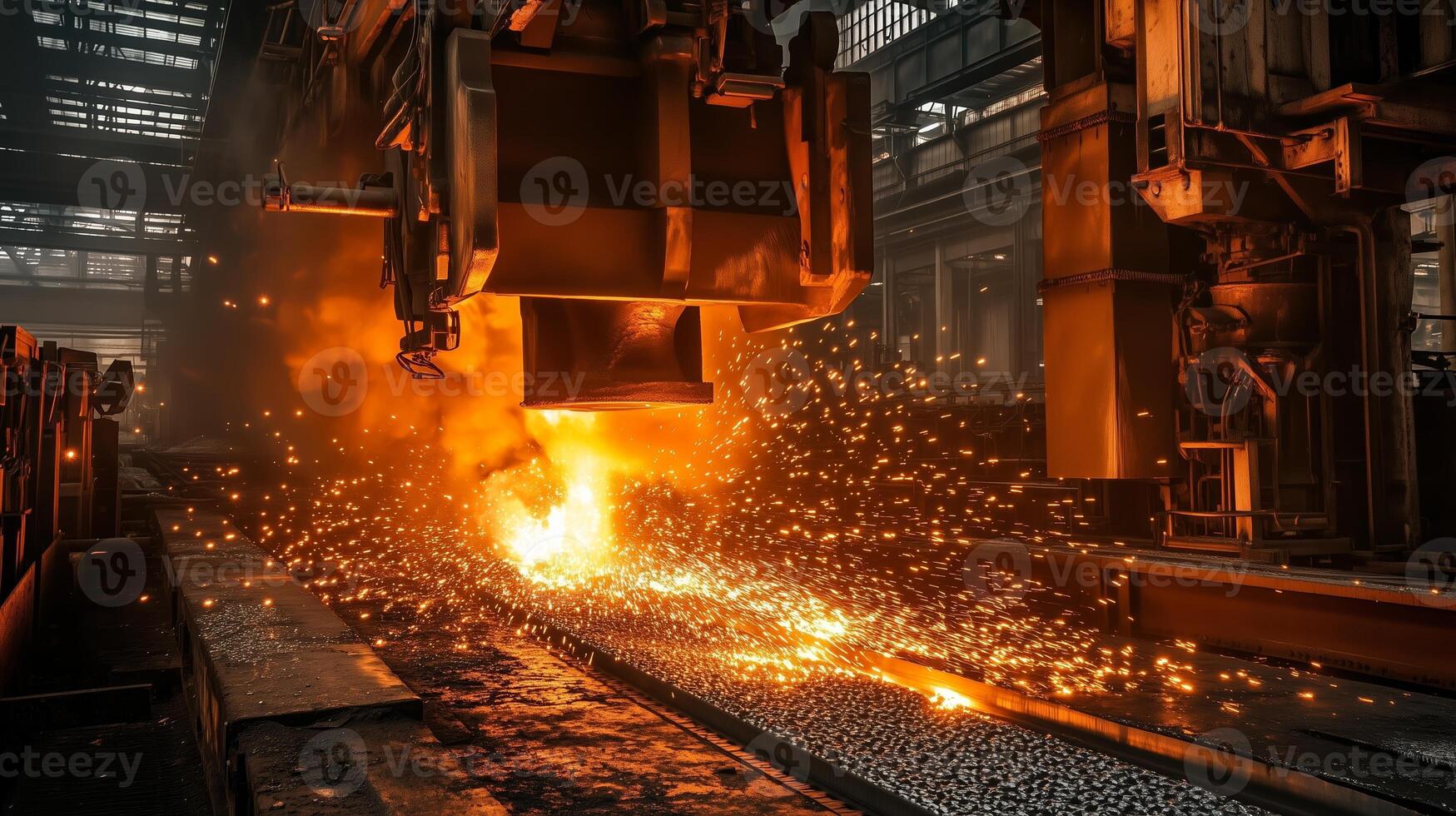 Molten metal being poured from a furnace in an industrial foundry with sparks flying during daytime work hours photo