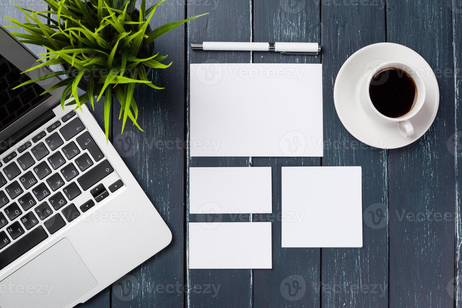 Working place, wooden table photo