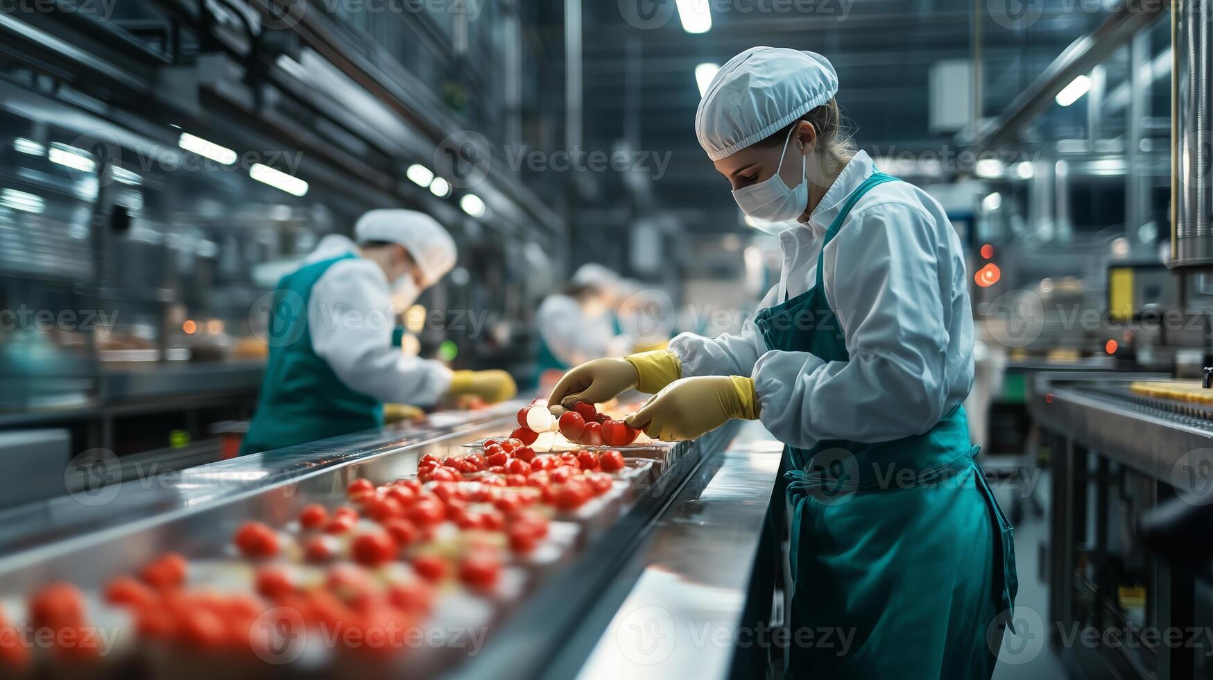 Workers organizing fresh tomatoes in a busy food processing facility during the daytime shift photo