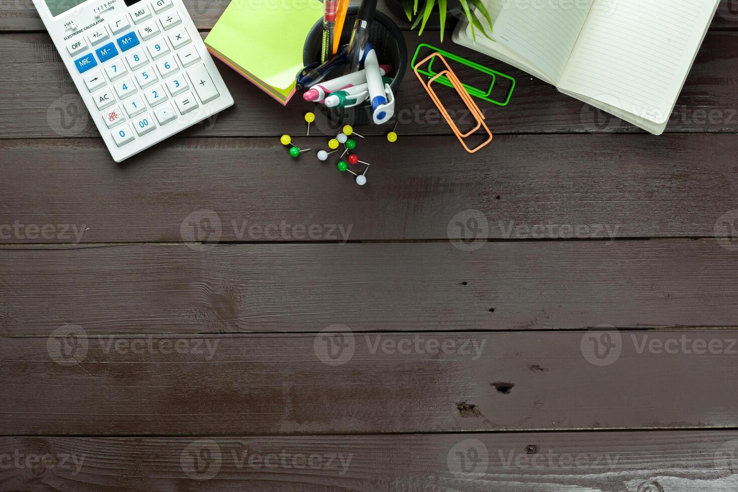Working place, wooden table photo