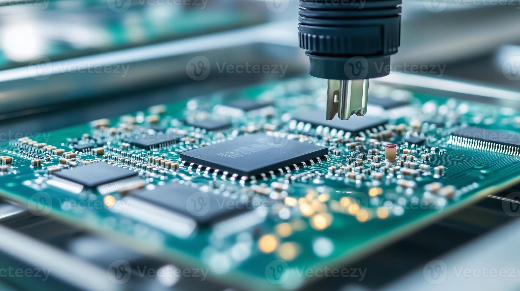 Close-up view of a technician using specialized equipment on a circuit board in a high-tech laboratory during daylight hours photo