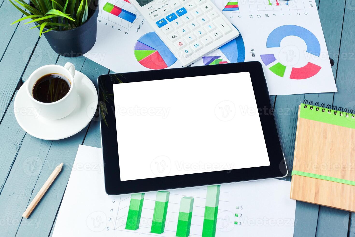 Working place, wooden table photo