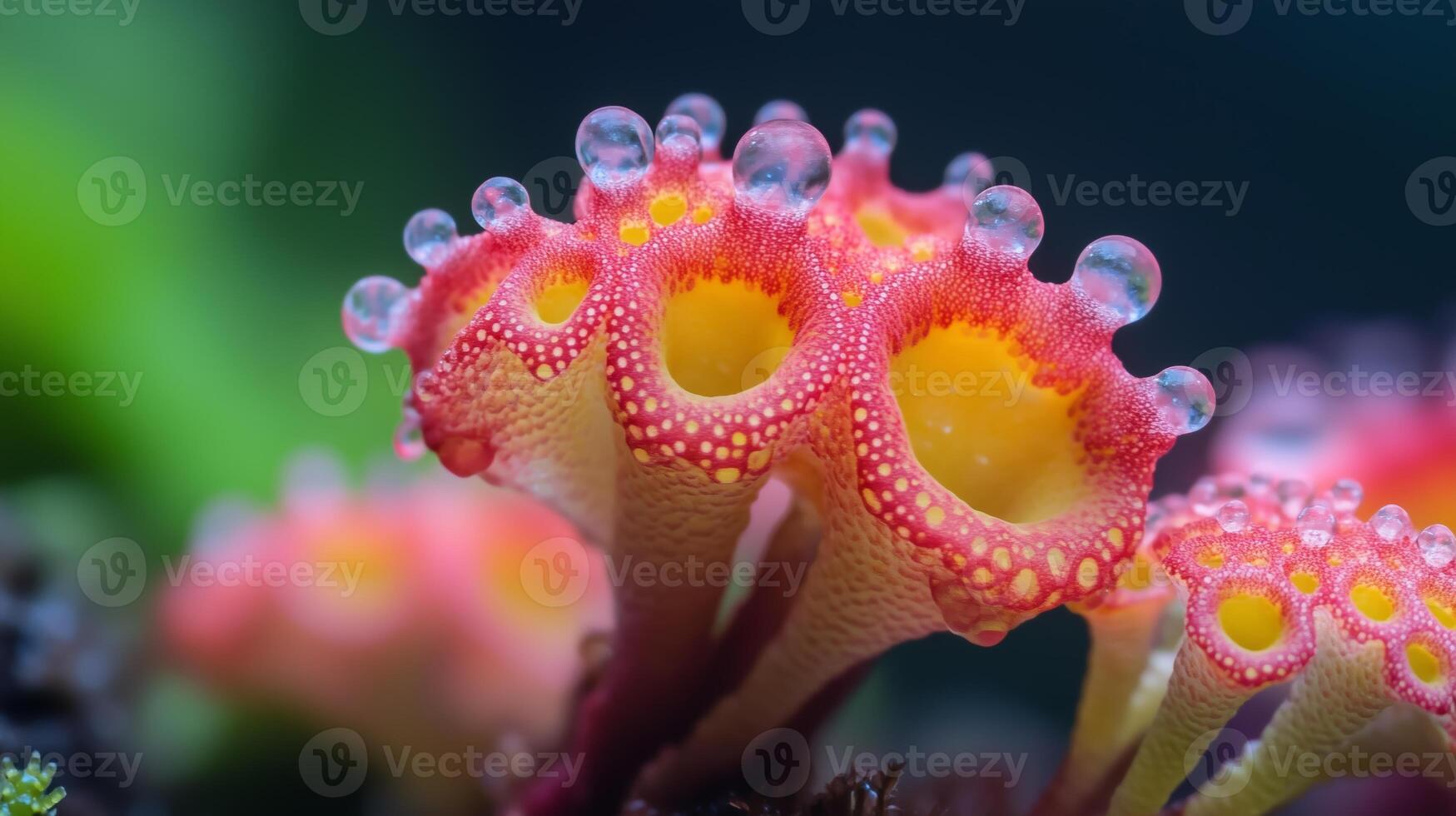 Brightly colored mushroom-like fungi with dew droplets in a close-up view in a lush forest setting during spring photo