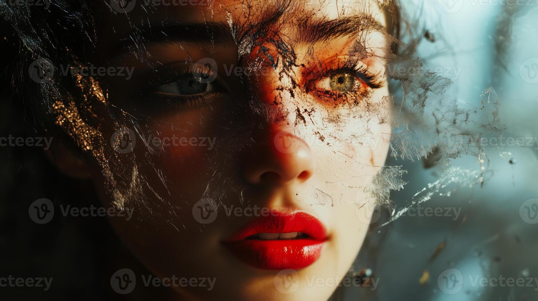 A captivating close-up portrait of a young woman with striking features and vivid red lips, contrasted against a shattered glass effect photo