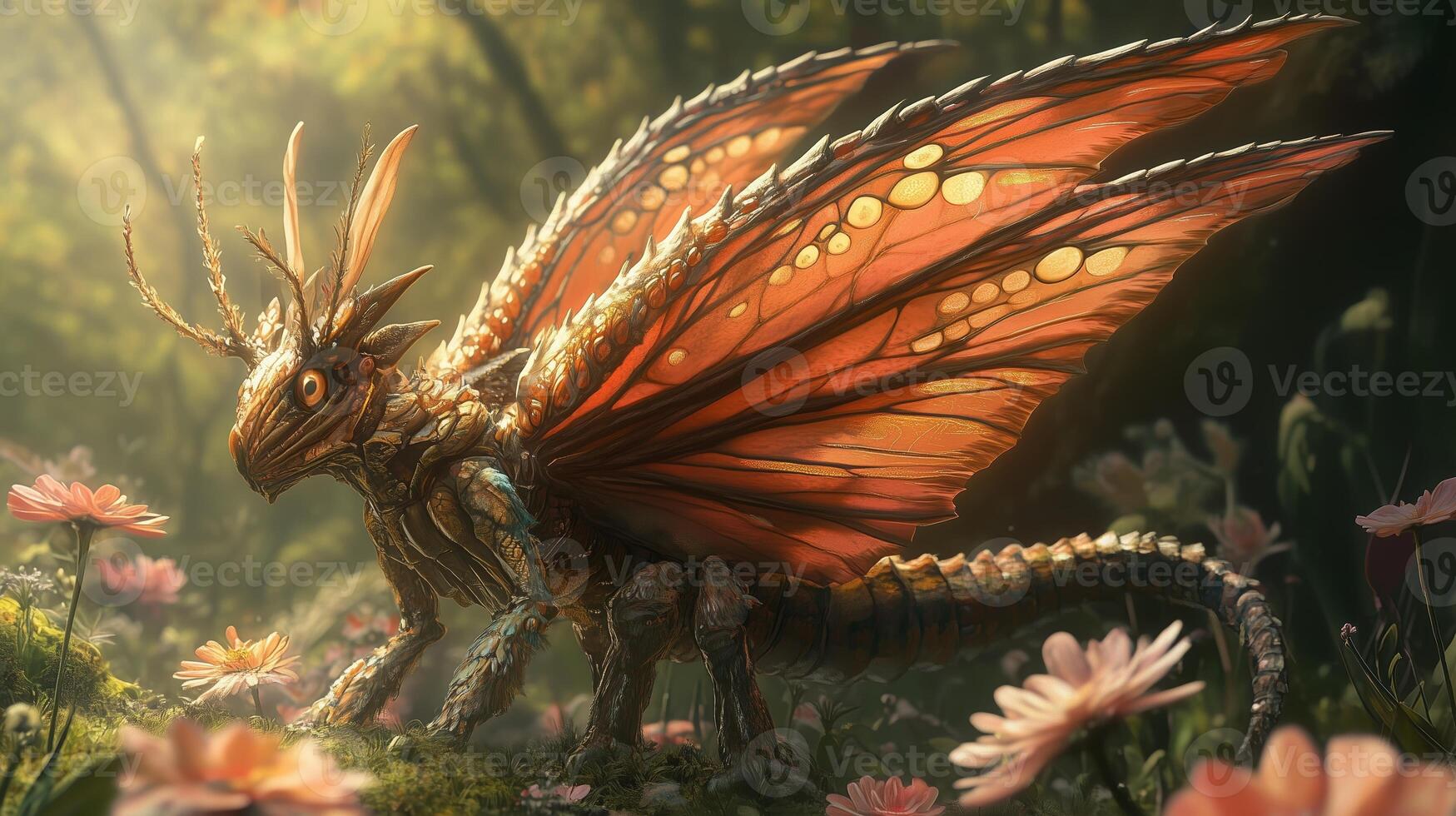 A fantastical creature with vibrant wings explores a flower-filled forest glade during the golden hour of dawn photo