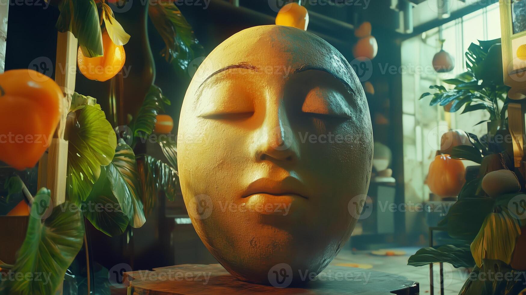 A tranquil scene featuring an oversized stone face surrounded by vibrant fruit and lush greenery in a bright, modern indoor space photo