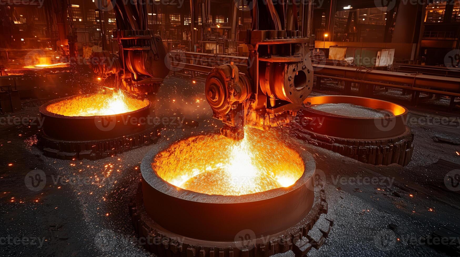 Molten metal pouring into molds at a steel mill during industrial production in the evening photo