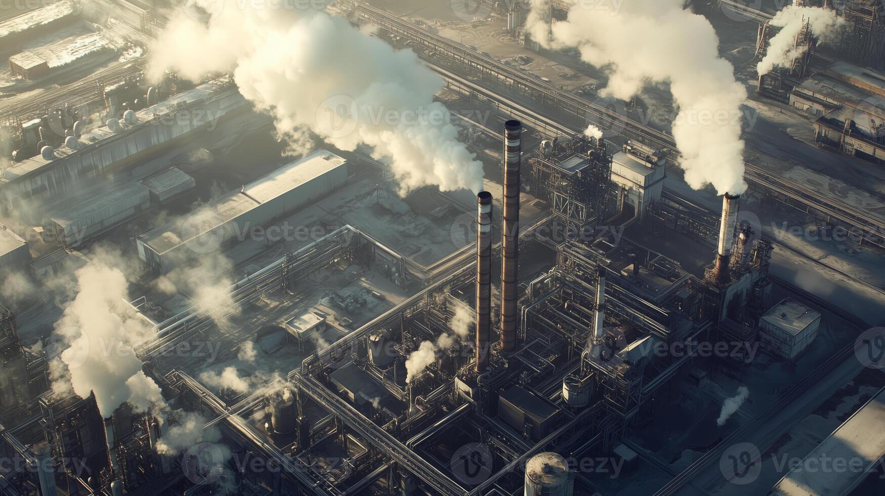 Aerial view of a large industrial complex with smoke rising from multiple chimneys during daytime photo
