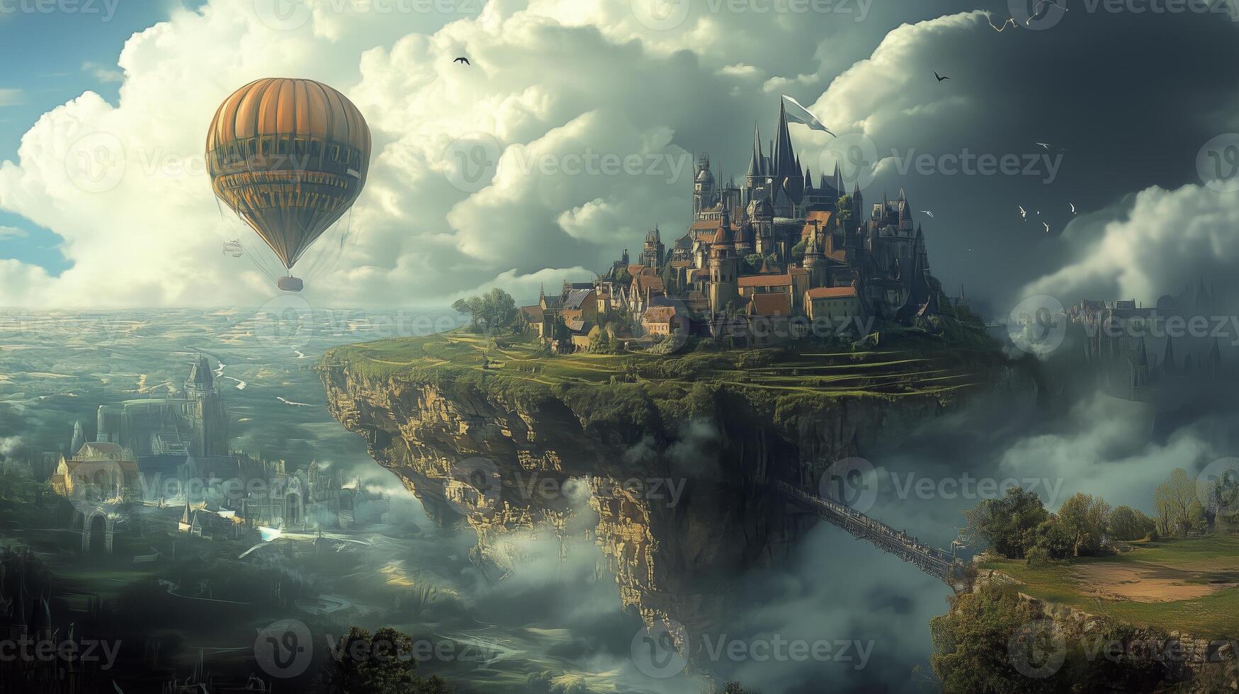 A majestic castle atop a floating island with a hot air balloon drifting by under a dramatic sky adorned with clouds photo