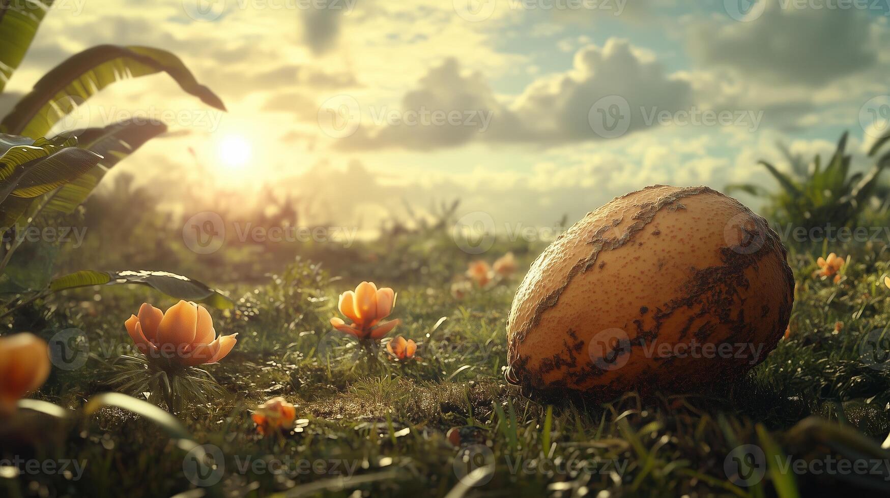 A watermelon resting on vibrant flowers in a lush green field during a tranquil sunset photo