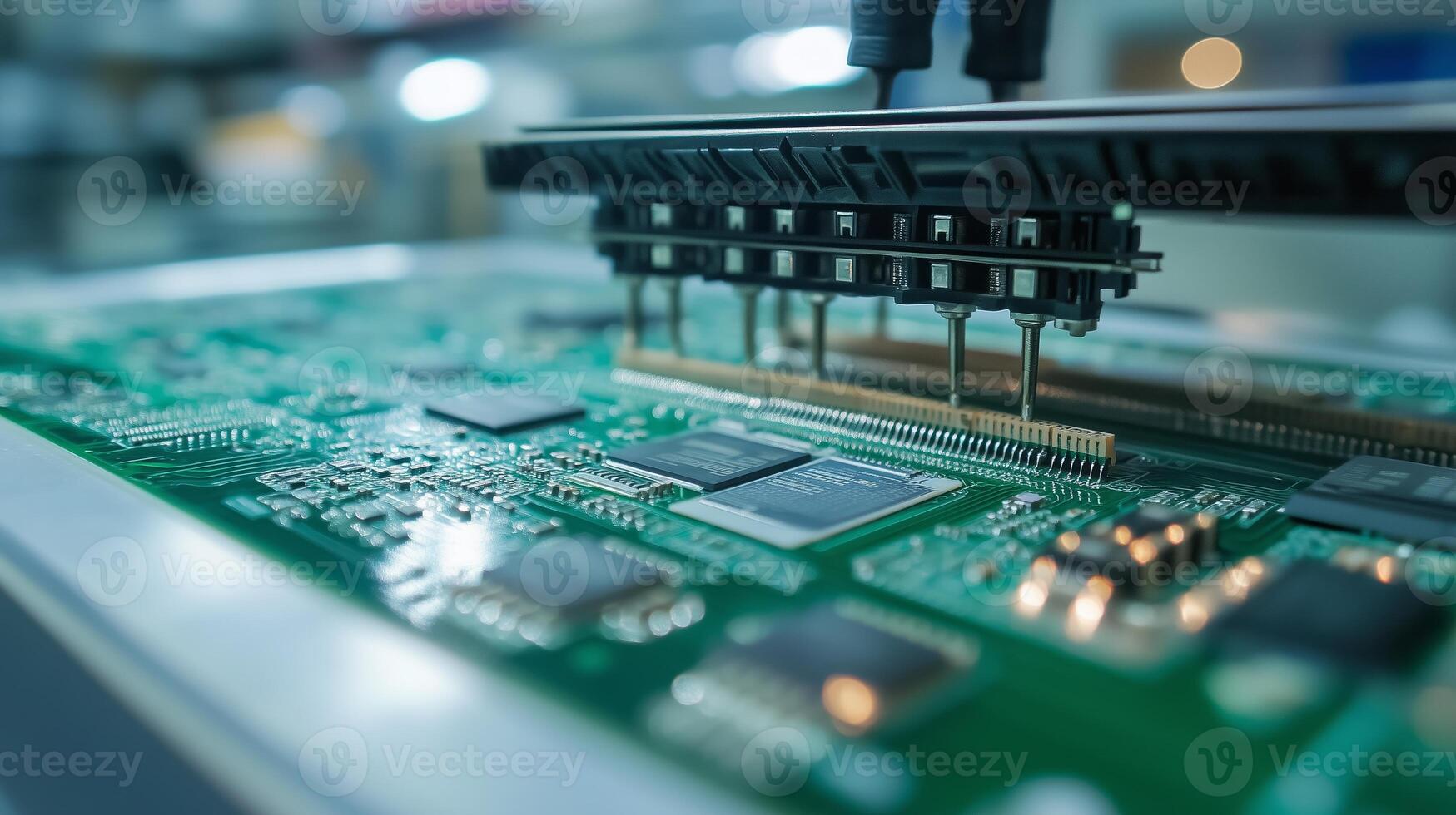 Close-up view of machinery assembling microchips on a circuit board in a high-tech manufacturing facility photo