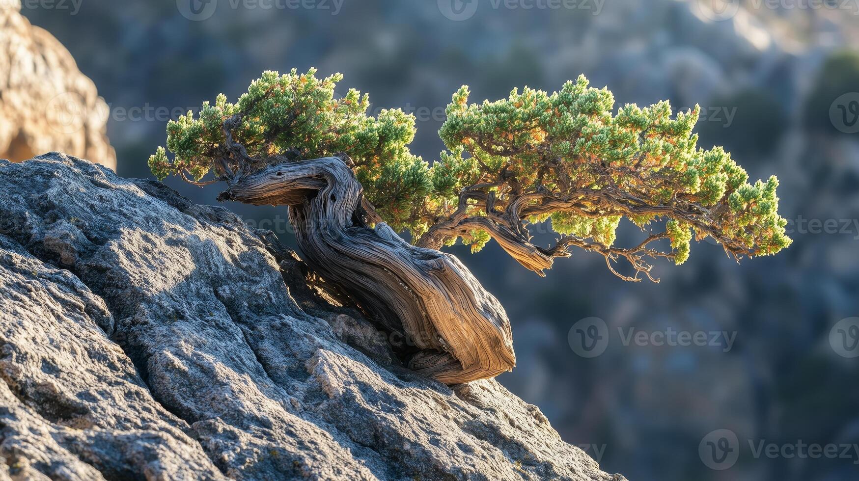 Bonsai tree grows resiliently on rocky terrain during golden hour lighting photo
