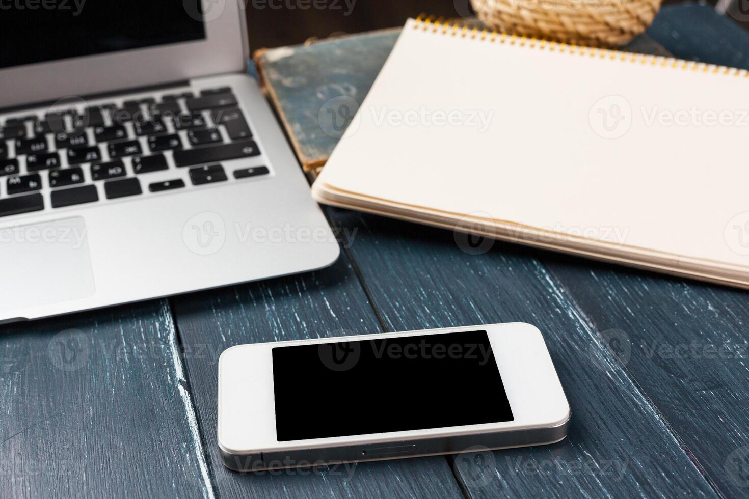 Working place, wooden table photo