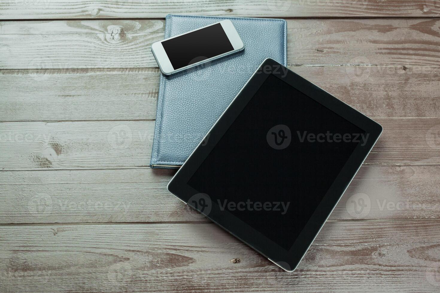 Working place, wooden table photo
