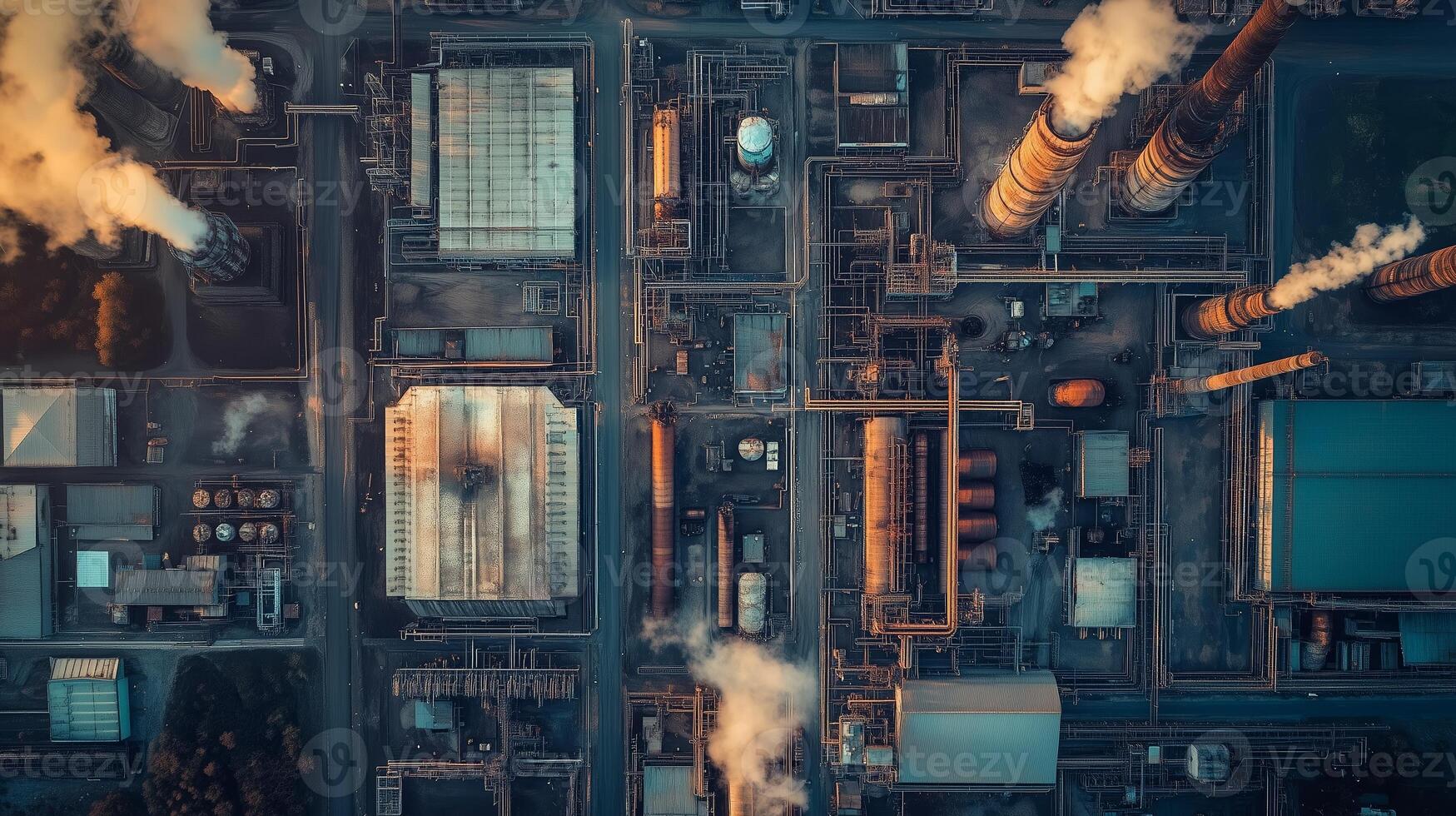 Bird's-eye view of an industrial complex with smokestacks, pipelines, and storage facilities during sunset photo