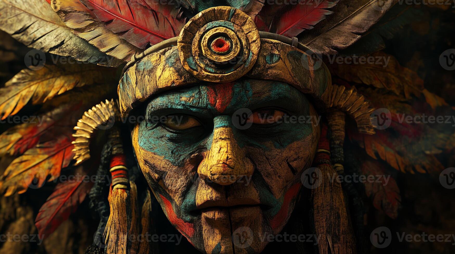 A detailed representation of a tribal warrior with colorful face paint and elaborate feathered headdress in a mystical forest setting photo