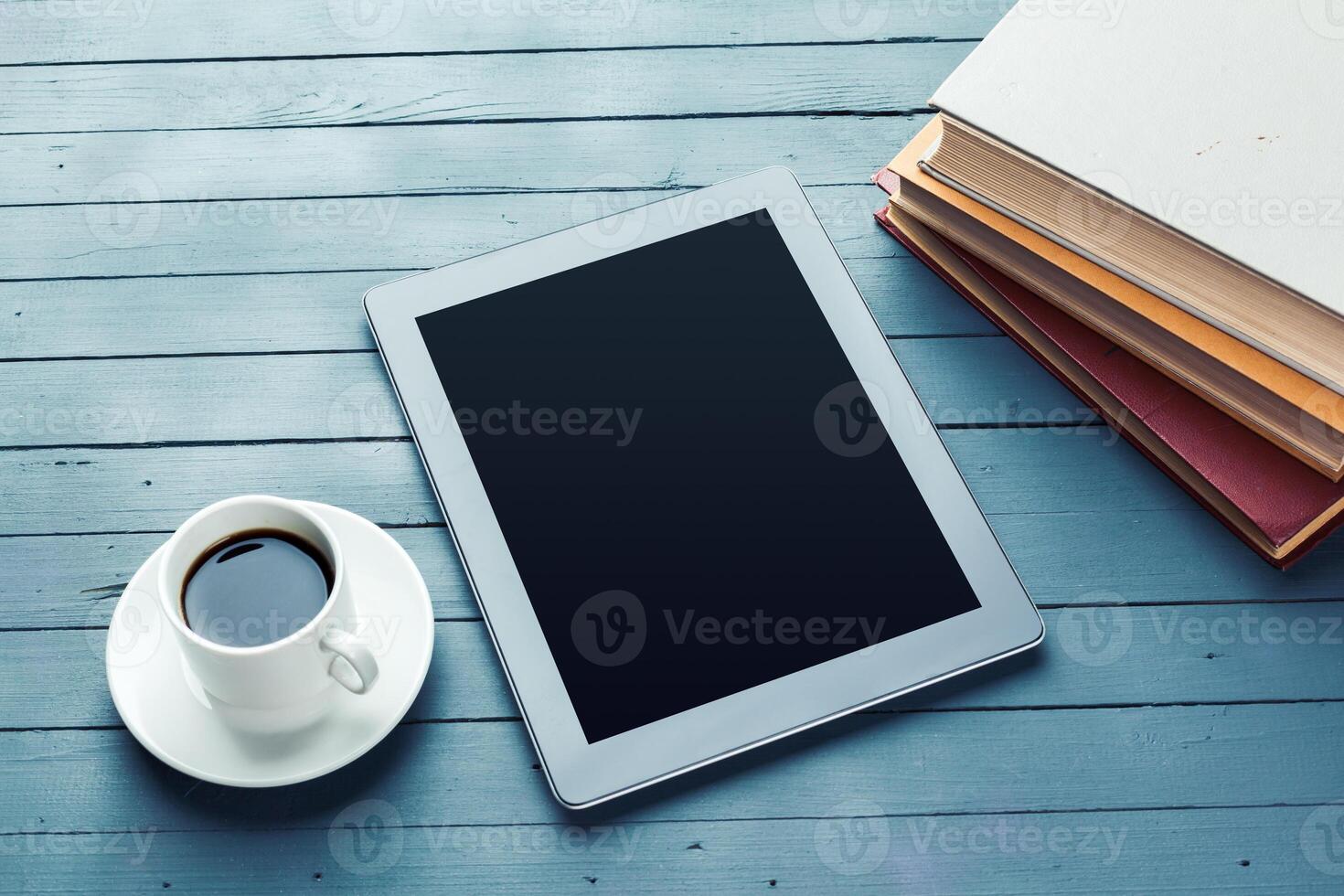 Working place, wooden table photo