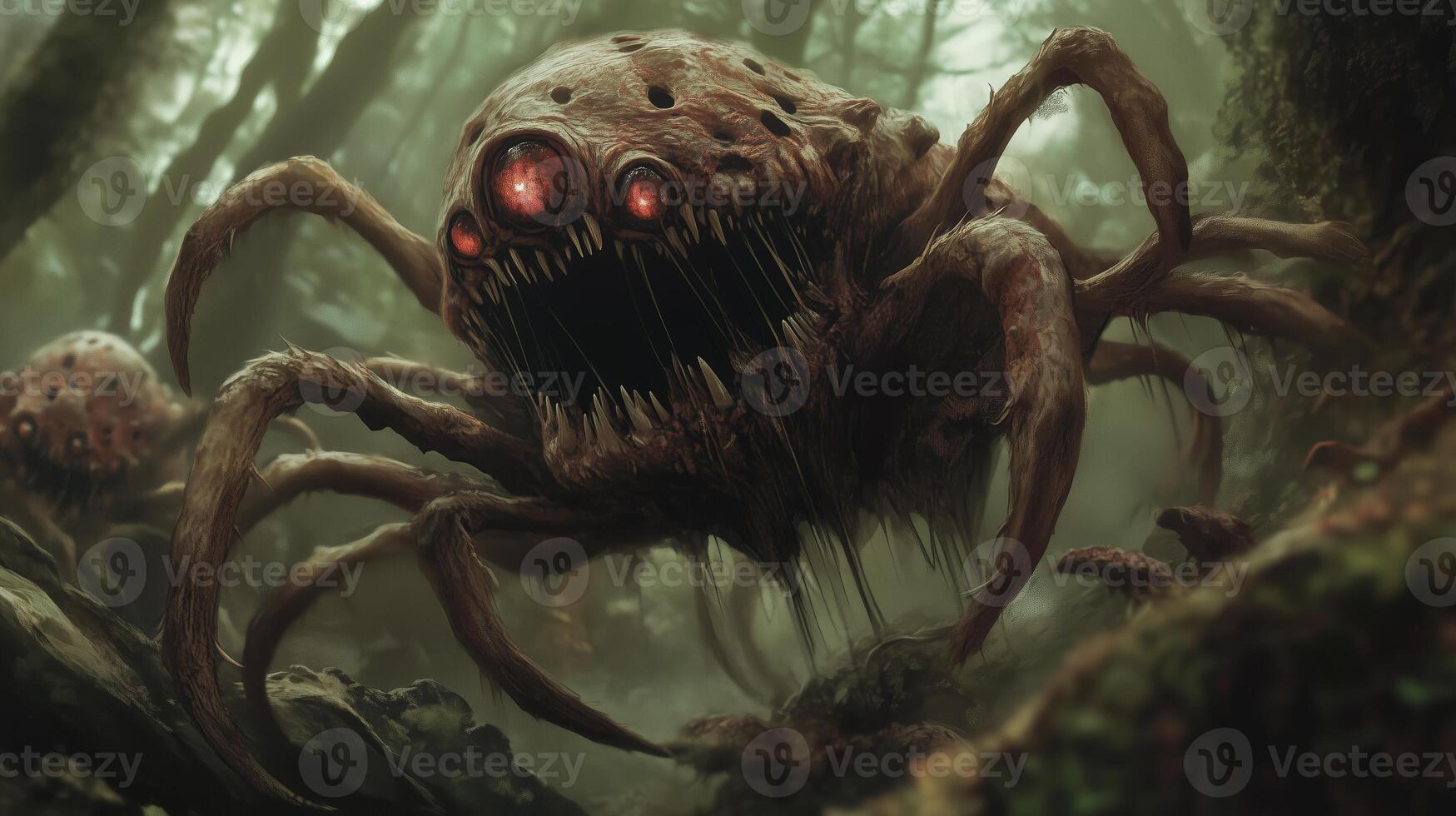 A terrifying creature lurks in a dark, eerie forest, displaying its menacing features under the dim light photo
