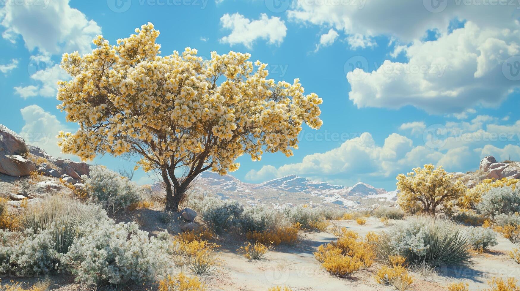 Golden trees thrive in a serene desert landscape with majestic mountains and a bright blue sky during a peaceful afternoon photo