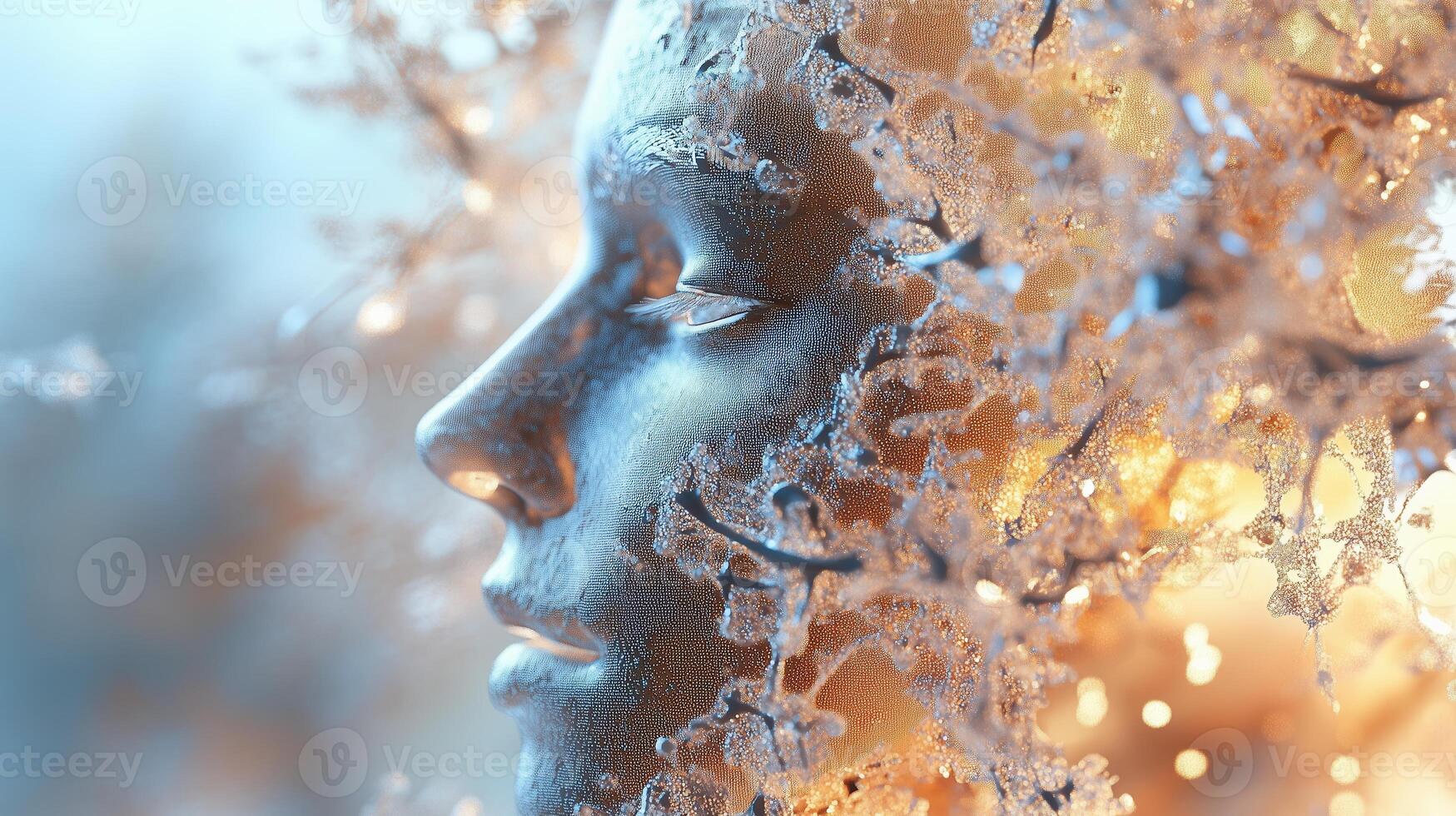 A human face intertwined with abstract ice elements, featuring intricate textures and ethereal lighting in a creative art session photo