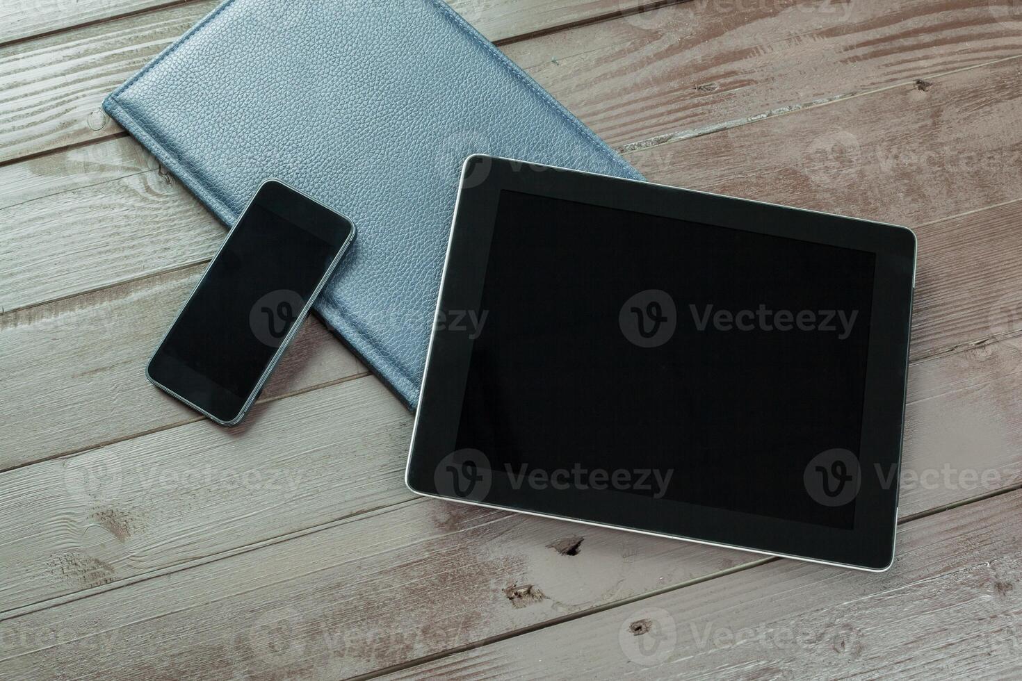 Working place, wooden table photo
