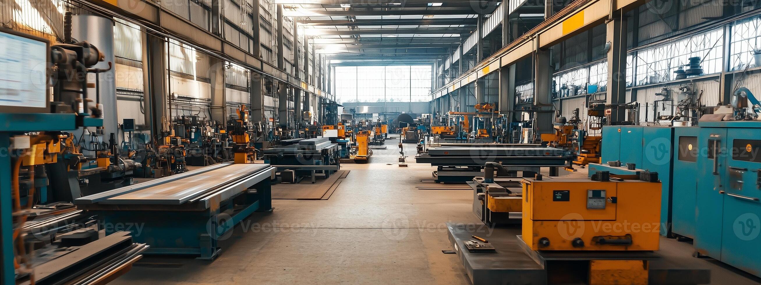 An industrial workshop with machines and workers engaged in metal fabrication during daylight hours photo