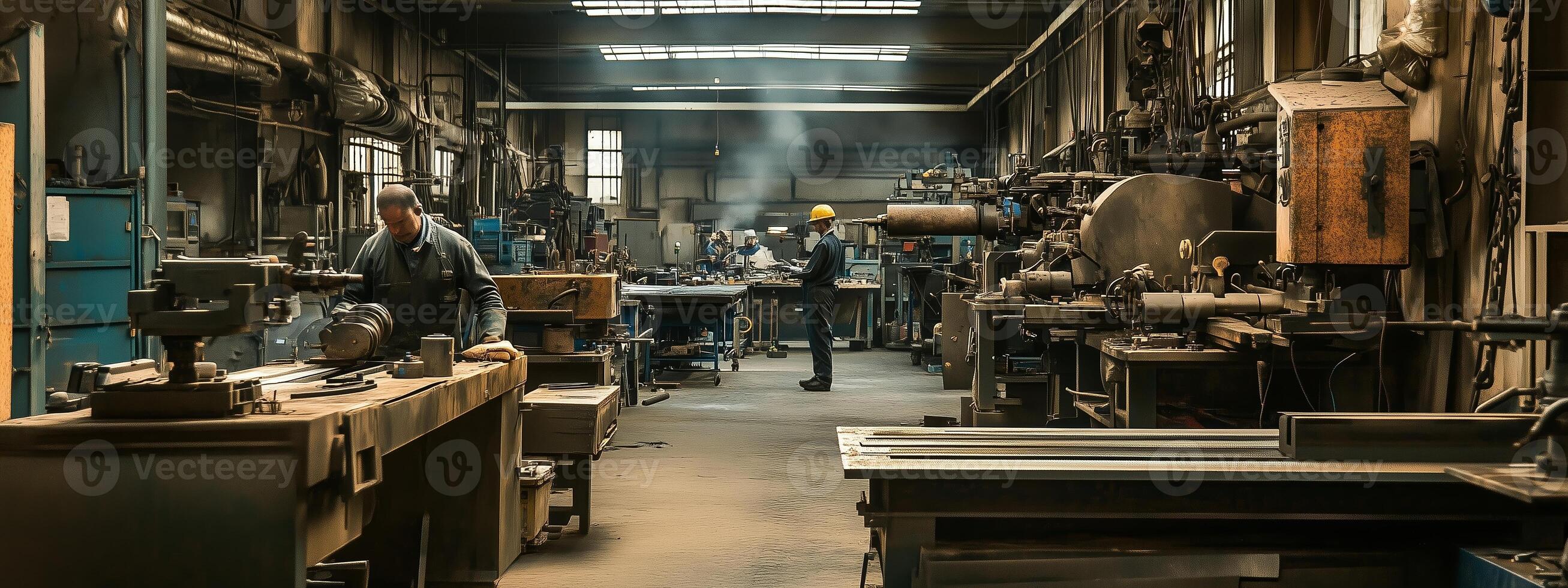 Two workers engaged in metal fabrication in a busy workshop during the day, surrounded by machinery and tools photo