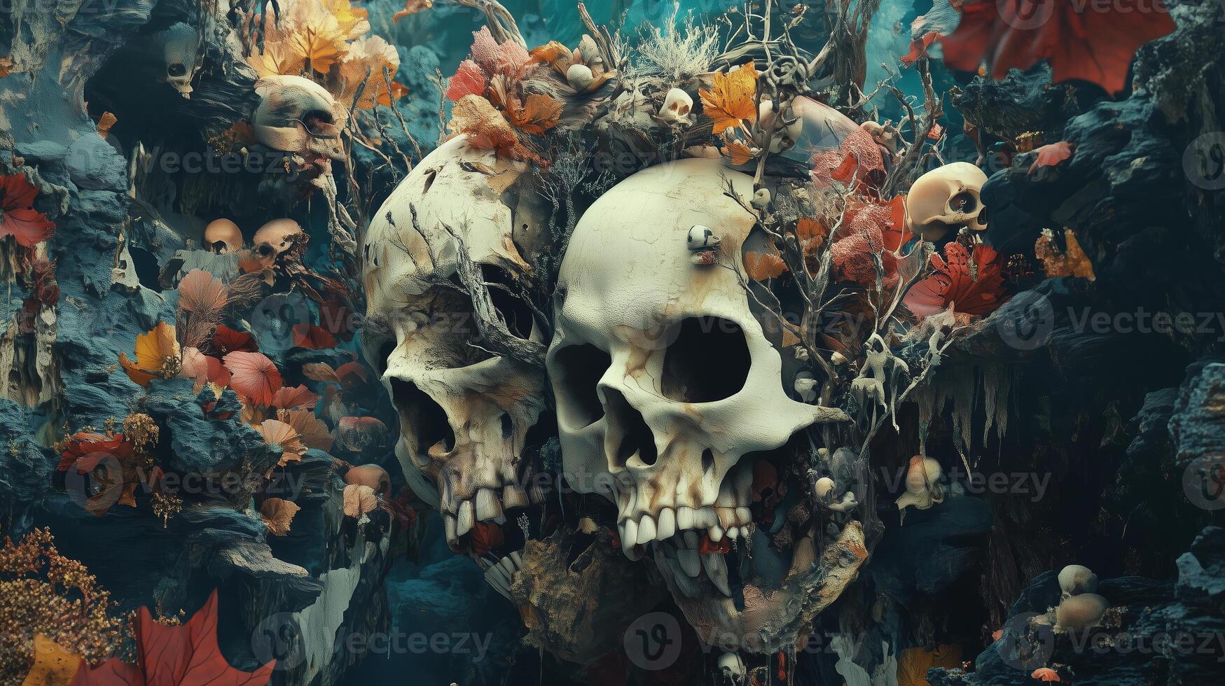 Eerie underwater scene featuring twisted skulls surrounded by autumn leaves and small skulls in a surreal environment photo