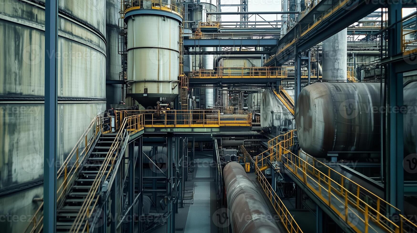 Industrial facility interior showcasing complex machinery and pipelines in a manufacturing plant with extensive infrastructure photo