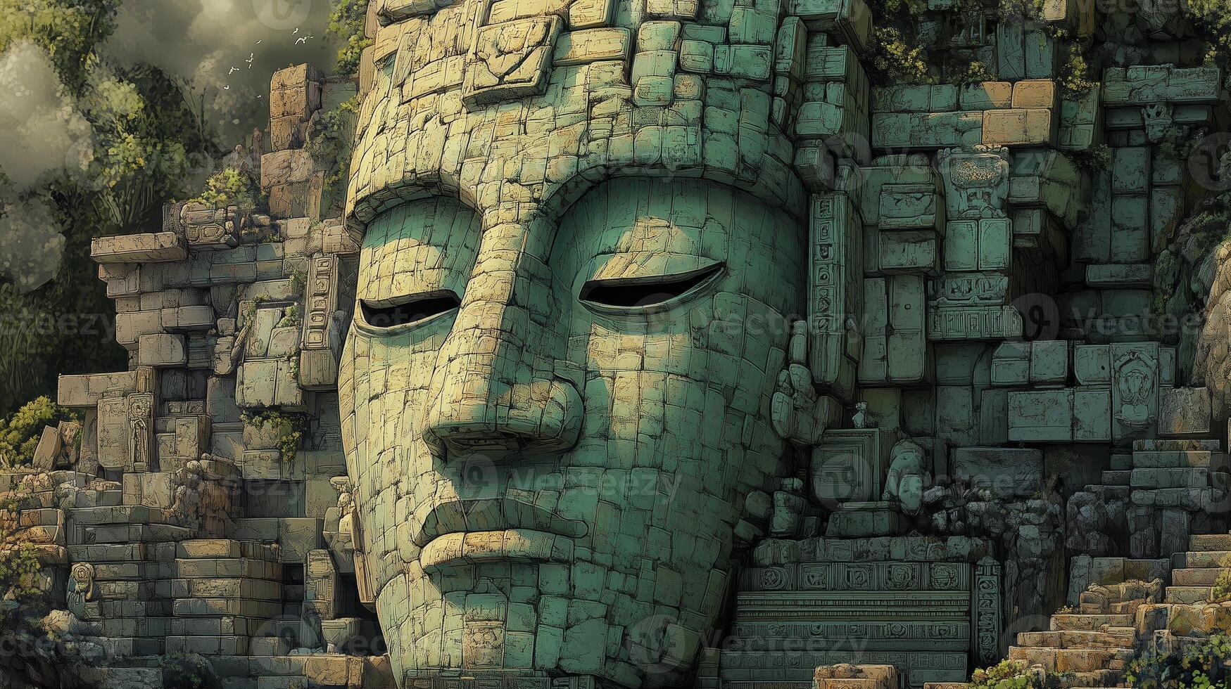 Mysterious ancient stone statue surrounded by lush greenery and remnants of a forgotten civilization in a mystical landscape photo
