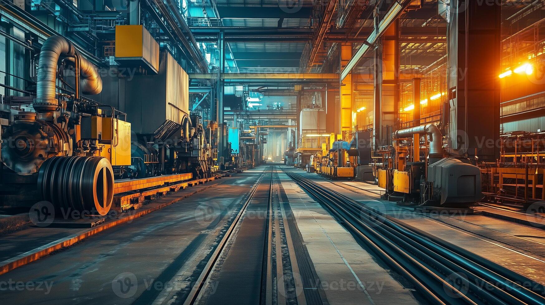 A bustling industrial warehouse with cargo containers and machinery illuminated by warm lighting during the evening photo
